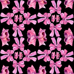 Seamless pattern with watercolor fuchsia silk bows. Symmetrical composition Background with elegant lush pink satin ribbons. Design for festive decor, gift wrapping, textile, prints, invitation.