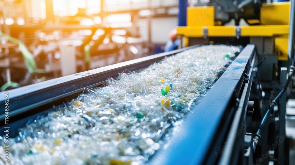 Poster plastic bottle shreds are transported on a conveyor belt inside a recycling factory, undergoing proc