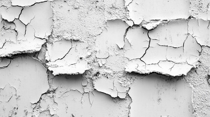 Obraz premium Cracked and peeling white wall texture displayed in black and white photography