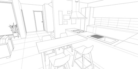 interior kitchen living room 3d illustration	