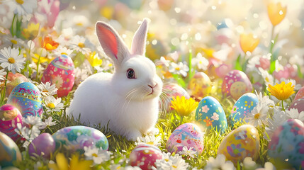 Easter setting showcases a white rabbit surrounded by tulips, daisies, and lilies, with vividly painted eggs scattered across the grassy field