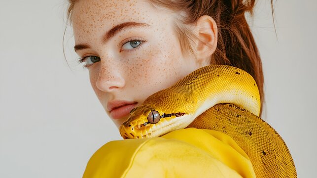 Girl poses with a yellow python draped over her shoulder in a bright setting