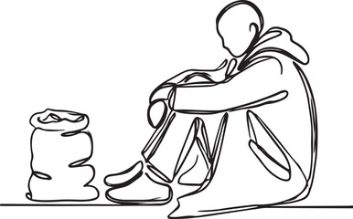 Homeless Person in Line Art Style - Vector Illustration