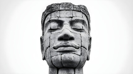 Stone sculpture of a serene face, showcasing intricate details and a weathered texture against a light background.