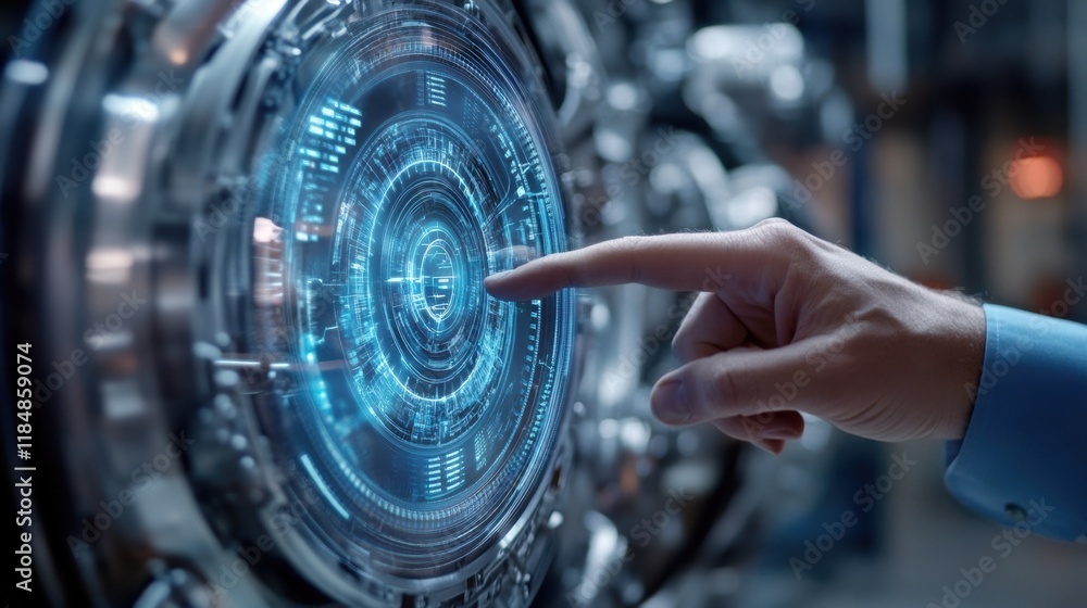 Poster engineer touching holographic interface controlling industrial production in high tech factory using