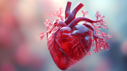 Realistic 3D rendering of a human heart with vibrant colors and intricate details