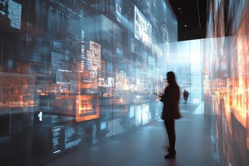 Person observes glowing data-filled walls.