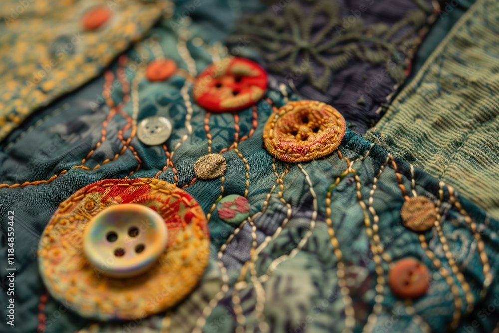 Poster close up of a handcrafted quilt showcasing colorful buttons and intricate stitching