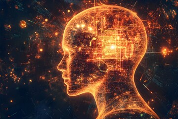 A humanoid robot engages with a glowing digital interface, featuring advanced AI technology, interactive holograms, and futuristic design elements, symbolizing innovation in robotics and human-machine