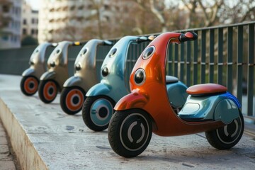 Modern electric scooters parked in a row, showcasing innovative urban transportation