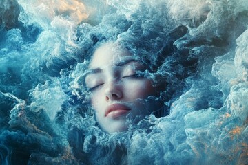 Serene face emerges from swirling, blue-toned clouds.