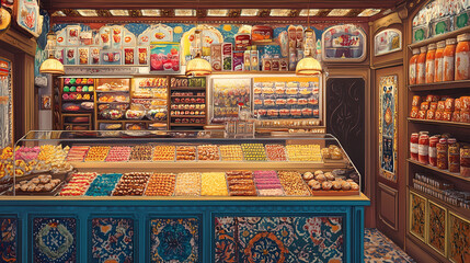 A colorful array of turkish delights displayed in a sweet shop, with intricate patterns on the counters. Dewlight. Illustration