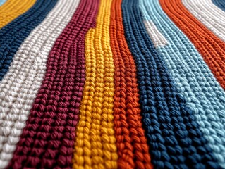 A close up of a multicolored striped blanket on a table