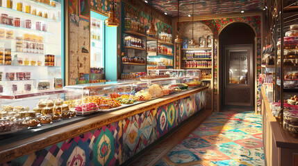 A colorful array of turkish delights displayed in a sweet shop, with intricate patterns on the counters. Dewlight. Illustration