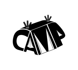 Illustration of a camp from the word- Camp. A word image. Black vector illustration isolated on a white background