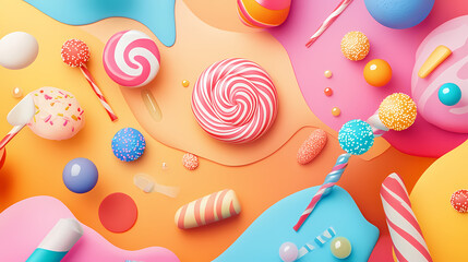 A colorful assortment of candies and sweets arranged in a playful layout, perfect for festive occasions and sweet treats. Dewlight. Illustration