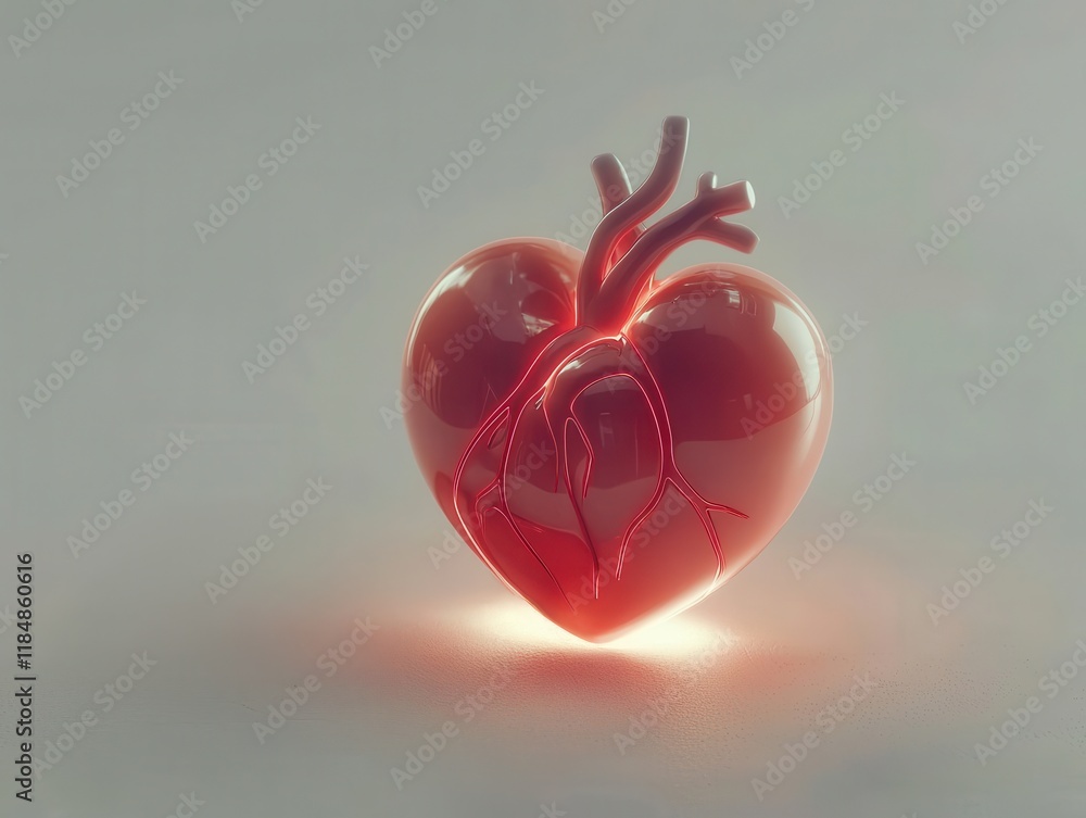 Aufkleber glossy red heart model with intricate vascular structure on soft gray background emitting a gentle g