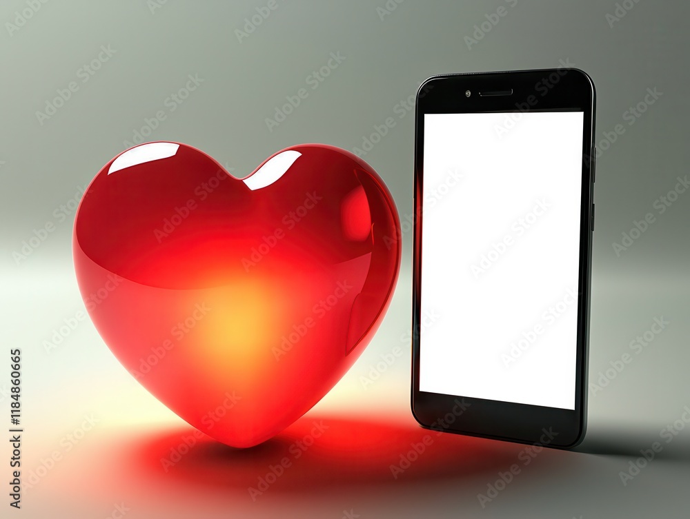 Poster bright red heart shape next to a smartphone with a blank screen on a softly lit background symbolizi