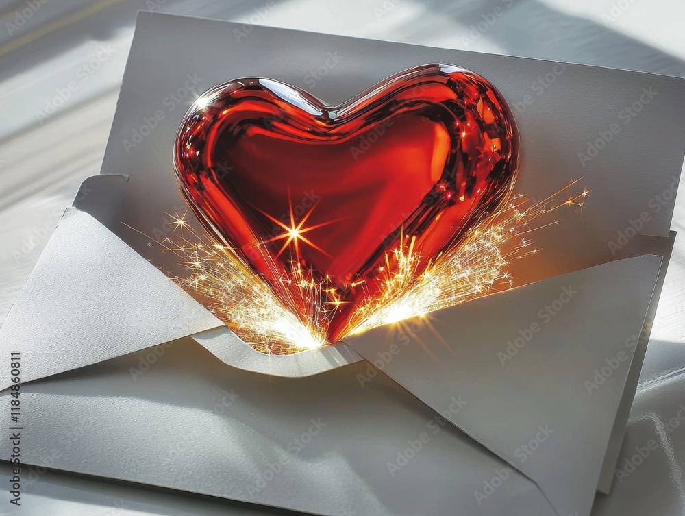 Aufkleber shiny red heart in an open envelope surrounded by sparkles, symbolizing love, romance and special oc
