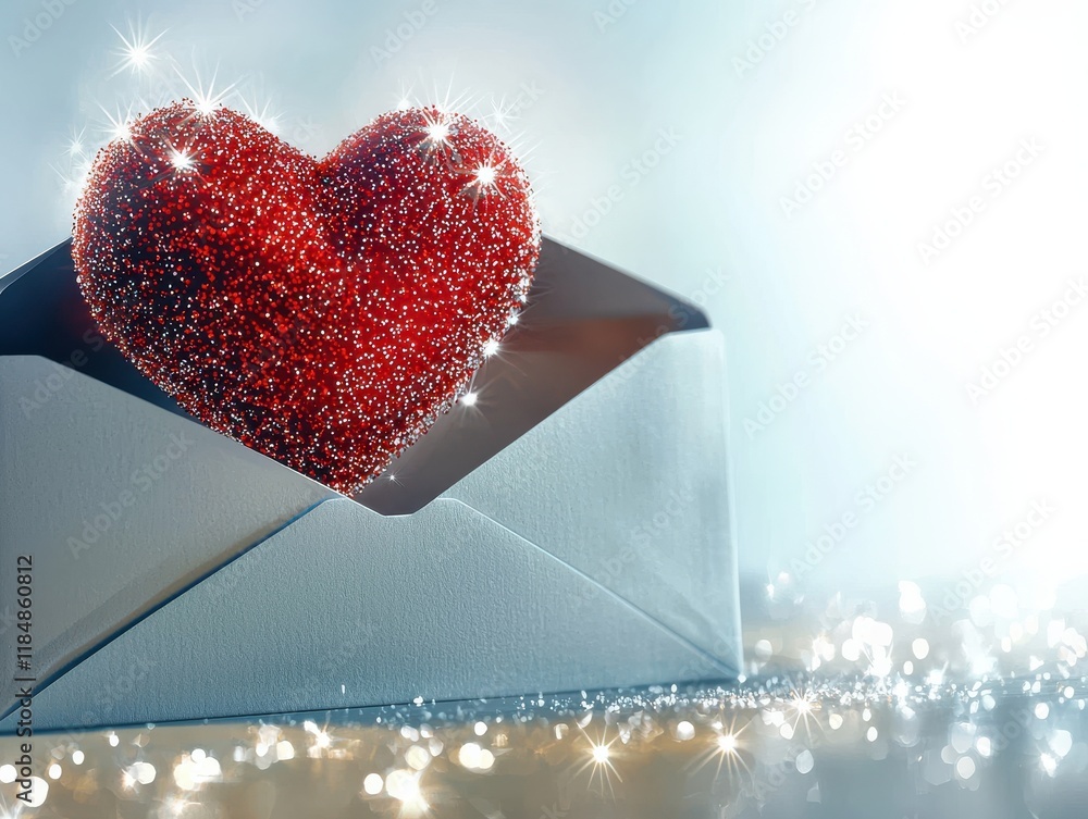 Aufkleber sparkling red heart in an envelope symbolizing love and affection with a magical background of shimm