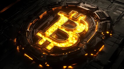 Glowing Bitcoin Symbol: Futuristic Cryptocurrency Technology Background - made with Generative AI