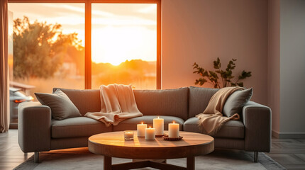 This stock photo features a cozy and inviting home background, with warm lighting and comfortable furniture, creating the perfect atmosphere for relaxation and comfort.