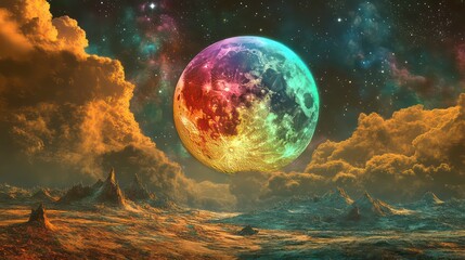 Obraz premium Colorful planet rising over alien landscape with nebula and clouds.