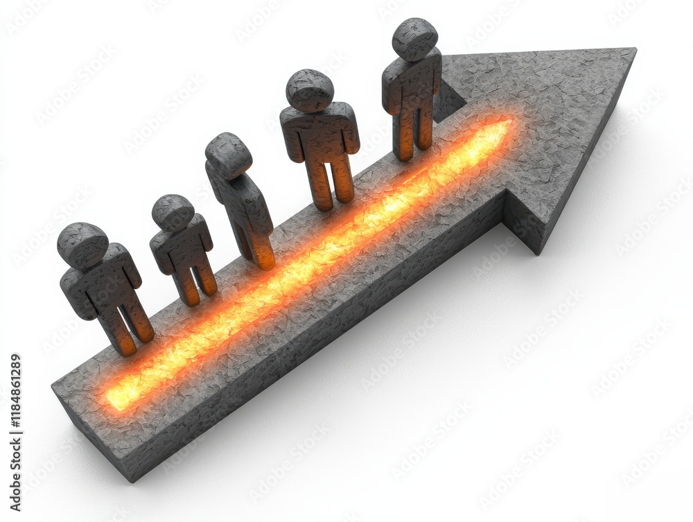 Poster abstract representation of progress and growth featuring stylized figures on a glowing arrow symboli