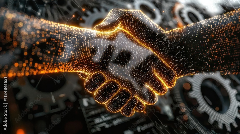 Poster digital handshake symbolizing partnership in innovative technology, collaboration and future of busi