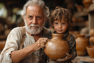Elderly potter teaches young boy the art of pottery in a traditional workshop during golden hour