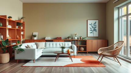 This stock photo features a cozy living room with a comfortable sofa, a well-organized bookcase, a chair for relaxation, and a house plant
