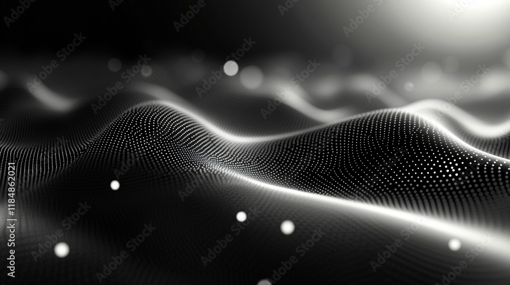 Poster abstract representation of flowing waves with light and dot patterns in monochrome tones