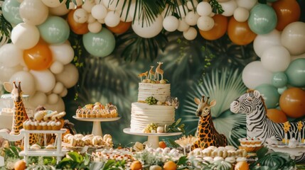 A vibrant jungle-themed birthday party setup featuring a cake, desserts, and animal decorations.