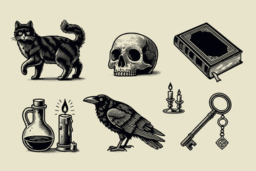 Vintage black and white engraving of skull, crow, cat, candle, book, key, poison © Victoria