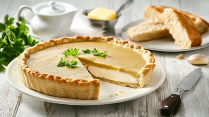 A plate of halal chicken pasta with a rich, creamy sauce made from garlic, butter, and Parmesan, garnished with fresh parsley, served with a side of garlic bread
