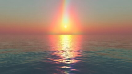 Obraz premium Vibrant sunset over calm ocean with rainbow reflection.