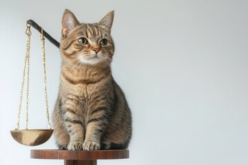 Tabby cat sits serenely beside a scale of justice.  A whimsical image.