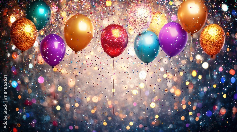 Poster festive balloons and confetti create a vibrant backdrop for joyful celebrations at any gathering or 