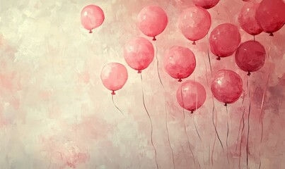 Pink balloons float against a textured background.