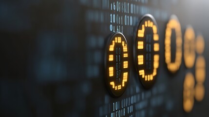 Digital cryptocurrency concept with illuminated bitcoin symbols and binary code background