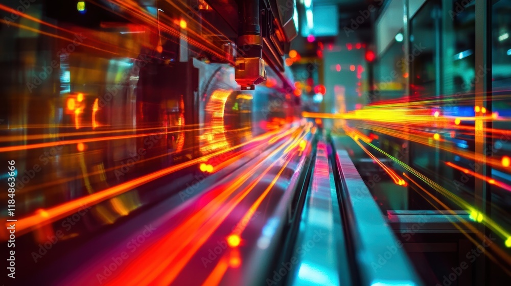 Poster automated machinery working at high speed in a modern manufacturing facility, creating colorful ligh