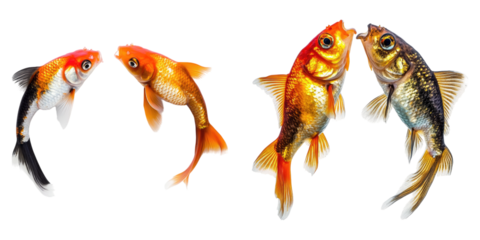 Two goldfish playing isolated on transparent background, Set of