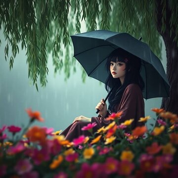 Resilience in Rain: A Figure Under a Tree with Glowing Light and Blooming Flowers