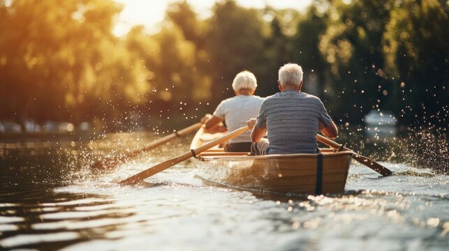 Seniors Enjoying Outdoor Rowing on Scenic Lake