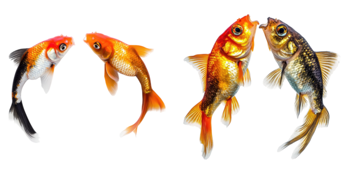 Two goldfish playing isolated on transparent background, Set of