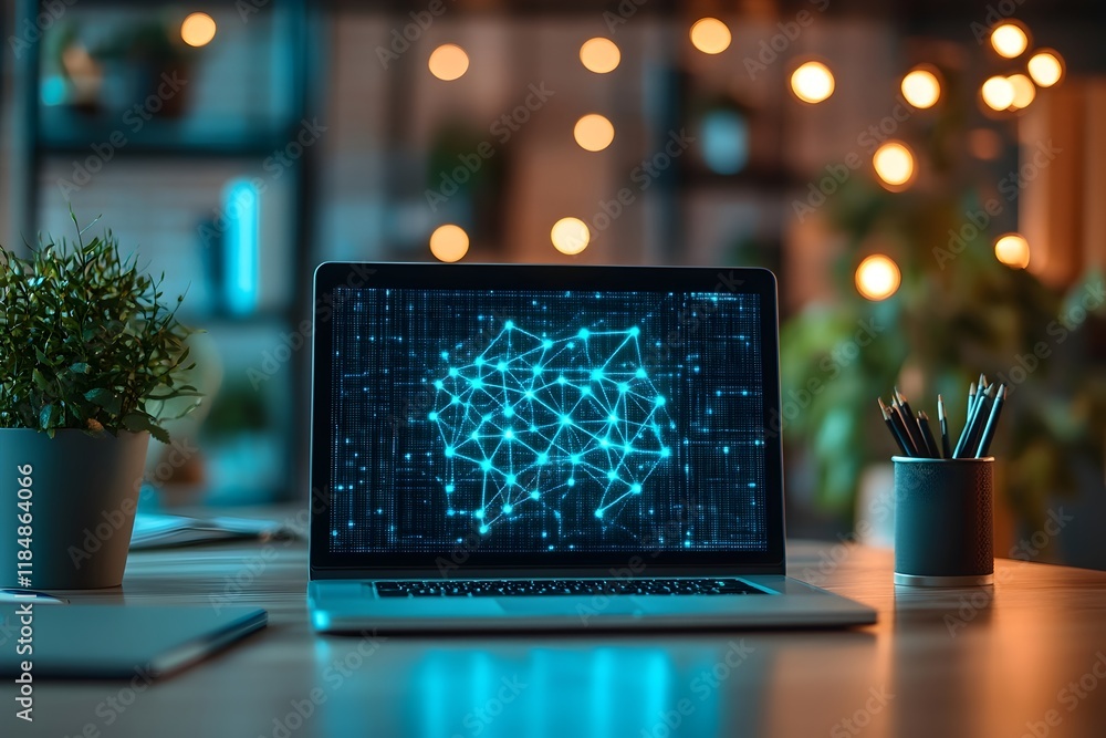 Poster laptop screen displaying network connections, bokeh background
