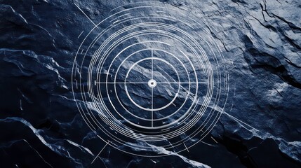 Abstract dark blue textured background with concentric circles and lines, resembling a radar or technology interface.