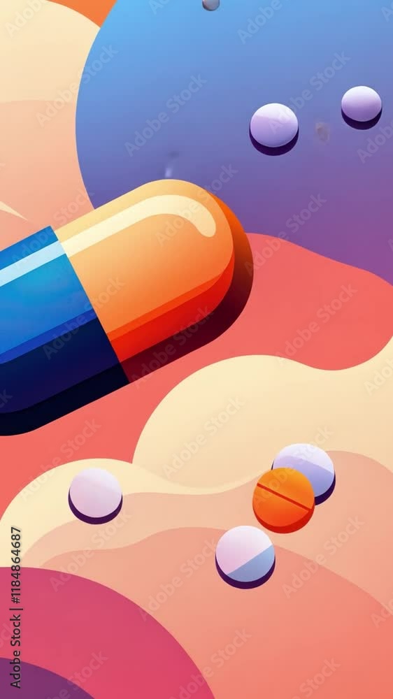 Poster colorful capsule floating in abstract background.