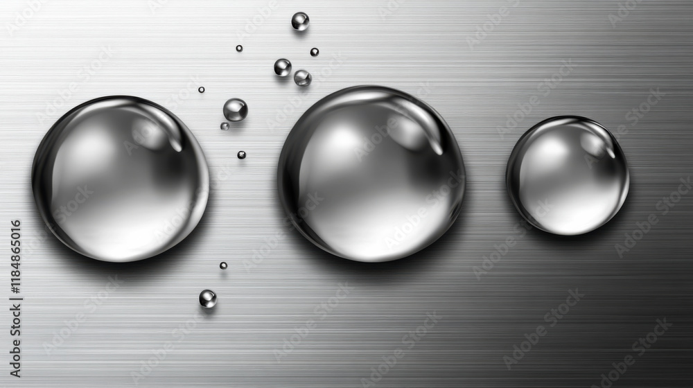 Poster water droplets resting on a shiny metal surface creating a reflective and textured appearance