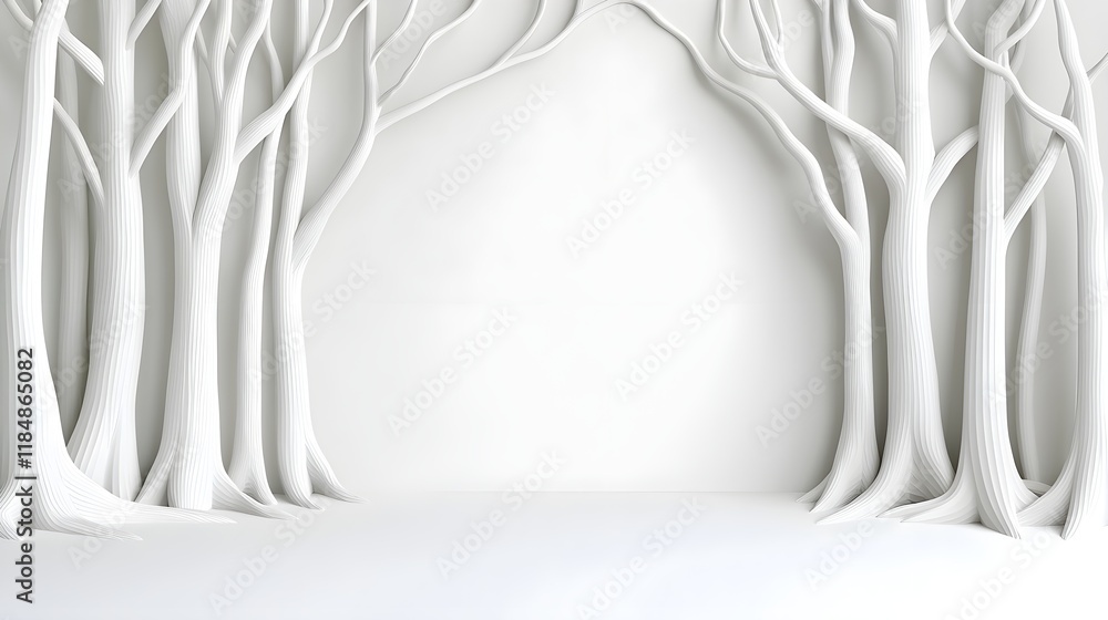 Poster a serene, white forest with stylized tree trunks creating an archway, perfect for a tranquil, minima